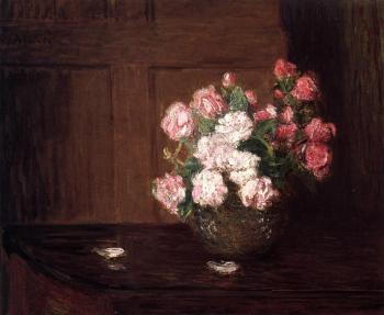 Julian Alden Weir : Roses in a Silver Bowl on a Mahogany Table